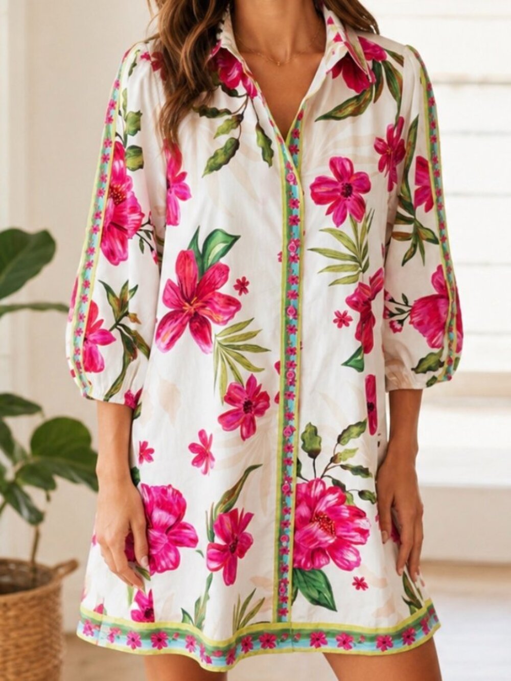 Maude Vivante Floral Relax Fit Shirt Dress Button Down Tunic Sz S